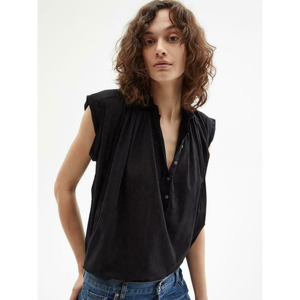 Nili Lotan Normandy Blouse Shirt Black Cotton Solid Airy Tunic Top L
